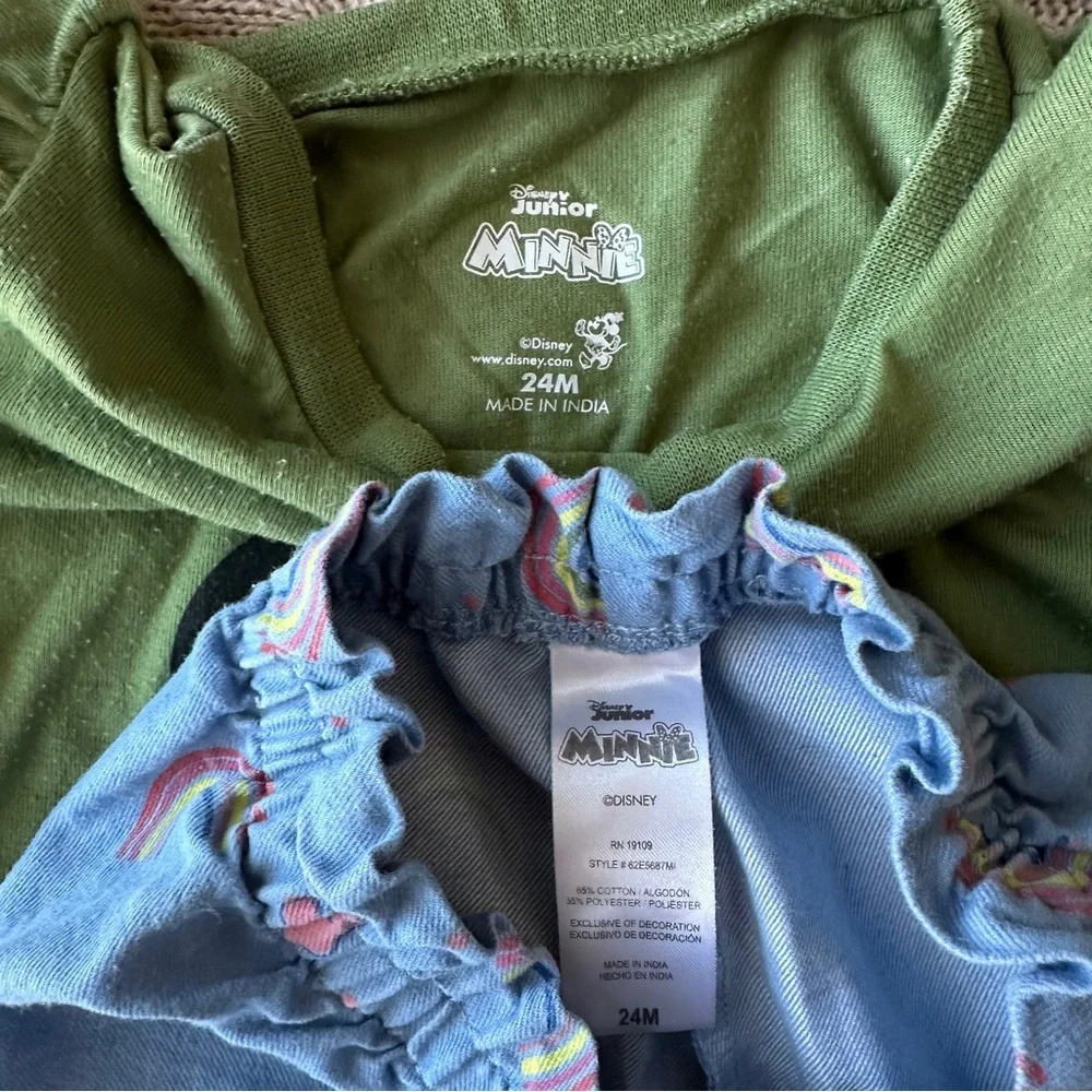 EUC Disney Baby Girl Outfit Set, Minnie Mouse Green, Blue, & Rainbows, 24 Months
